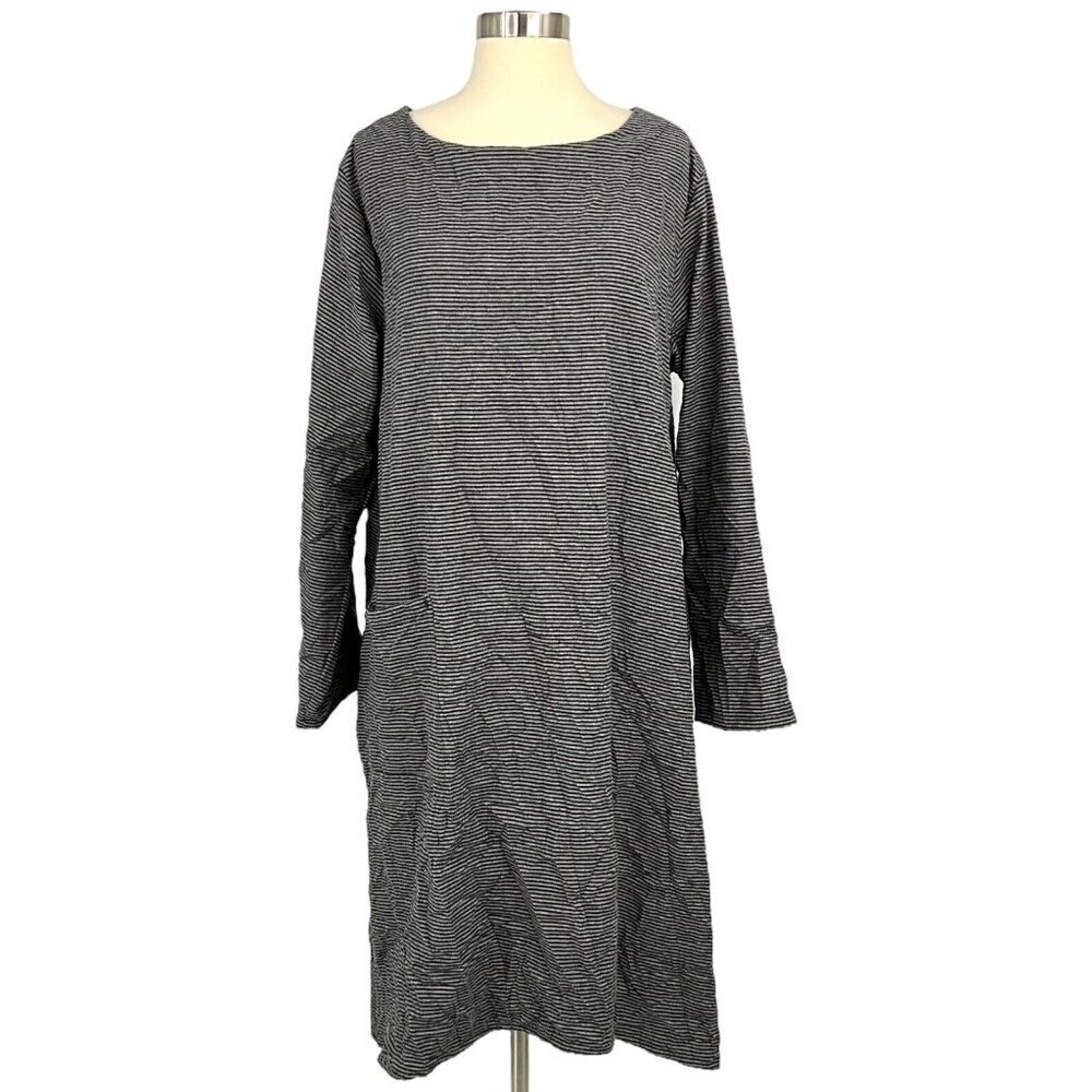 Lisa Bayne Dress Gray Striped Size 2XL Lagenlook Long Sleeve Maxi Pockets Art